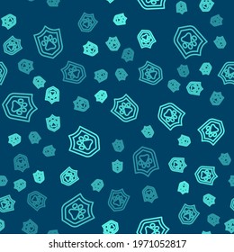 Green line Animal health insurance icon isolated seamless pattern on blue background. Pet protection concept. Dog or cat paw print.  Vector