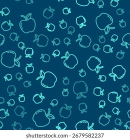 Linha verde Ícone Apple isolado padrão sem emenda no fundo azul. Fruta com símbolo de folha.  Ilustração de vetor