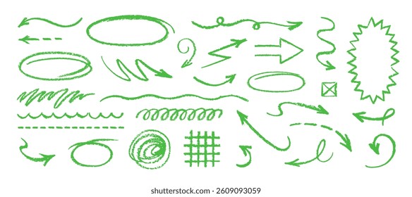 Green line arrow, round shape, underline oval highlight. Brush crayon pencil marker chalk stroke form. Line scribble vector set. Kid green underline. Hand drawn highlight. Doodle arrow, round shape bg
