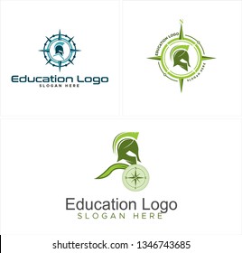 Green line art compass head soldier combination mark logo design vector concept suitable for education security military teamwork teammates