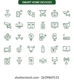 A green line art featuring a collection of smart home devices icons against a transparent backdrop. This minimalist style illustrates connectivity, automation and modern life.