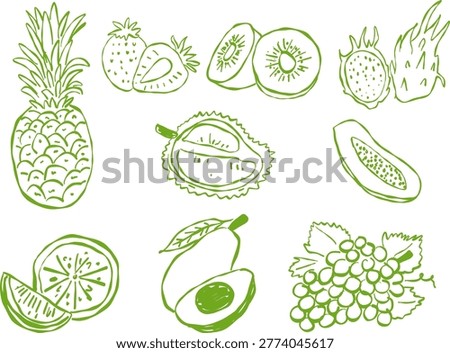Green line art fruit collection including pineapple, strawberry, kiwi, durian, avocado, papaya, dragon fruit and grapes