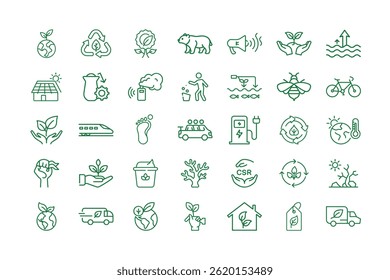 Green Line Art Icon Set für ökologische und umweltbezogene Themen