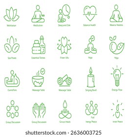 Green line art icons representing wellness practices yoga meditation spa treatments and healthy living concepts