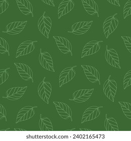Green line art leaves seamless pattern for textile, fabric, wallpaper or scrapbook paper, hand drawn floral illustration, botanical greenery vector background.