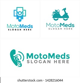 Green line art logo design combine motorcycle telephone with icon plus suitable for medical pharmaceutical service delivery