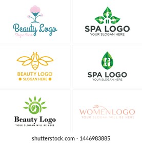 Green line art logo design illustration vector face woman combine leaf with flower suitable for cosmetics beauty organic spa