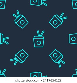 Green line Asian noodles in paper box and chopsticks icon isolated seamless pattern on blue background. Street fast food. Korean, Japanese, Chinese food.  Vector
