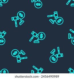 Green line Auction hammer price icon isolated seamless pattern on blue background. Gavel - hammer of judge or auctioneer. Bidding process, deal done. Auction bidding.  Vector