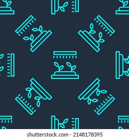 Green line Automatic irrigation sprinklers icon isolated seamless pattern on blue background. Watering equipment. Garden element. Spray gun icon.  Vector