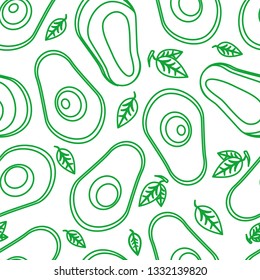 Green line avocados isolated on white background. Avocado vector seamless pattern. Whole and cut avocado