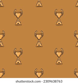 Green line Award cup icon isolated seamless pattern on blue background. Winner trophy symbol. Championship or competition trophy. Sports achievement sign. Vector