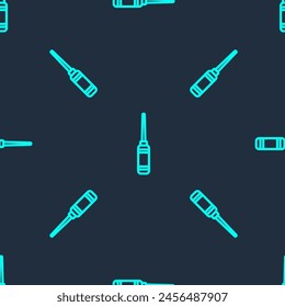 Green line Awl tool with wooden handle icon isolated seamless pattern on blue background. Work equipment tailor industry.  Vector Illustration