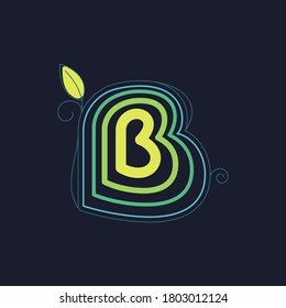 Green line B letter logo with swirl petals and leaf. This font made of stroke can be used for a ecology advertising, agriculture art, botanical identity, etc.