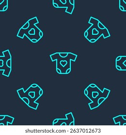 Green line Baby clothes icon isolated seamless pattern on blue background. Baby clothing for baby girl and boy. Baby bodysuit.  Vector