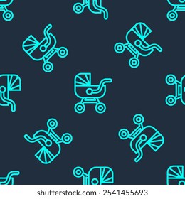 Green line Baby stroller icon isolated seamless pattern on blue background. Baby carriage, buggy, pram, stroller, wheel.  Vector