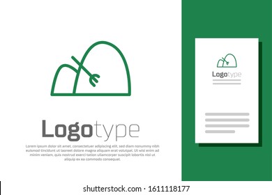 Green Line Bale Of Hay And Rake Icon Isolated On White Background. Logo Design Template Element. Vector Illustration