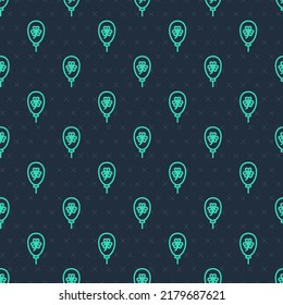 Green line Balloon with clover trefoil leaf icon isolated seamless pattern on blue background. Happy Saint Patricks day. National Irish holiday.  Vector