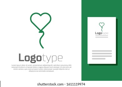 Green line Balloons in form of heart with ribbon icon isolated on white background. Valentines day symbol. Logo design template element. Vector Illustration
