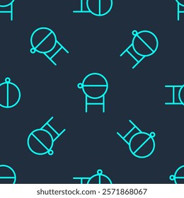 Green line Barbecue grill icon isolated seamless pattern on blue background. BBQ grill party.  Vector Illustration