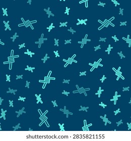 Green line Barbed wire icon isolated seamless pattern on blue background.  Vector