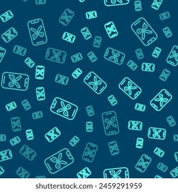 Green line Barber online service or platform icon isolated seamless pattern on blue background. Idea of hair and beard care. Online appointment.  Vector