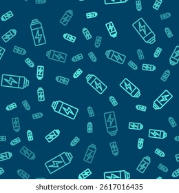 Green line Battery icon isolated seamless pattern on blue background. Lightning bolt symbol.  Vector