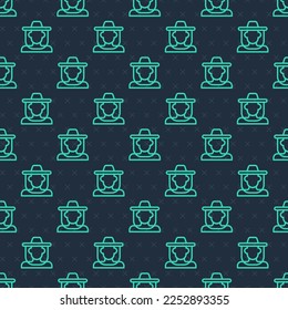 Green line Beekeeper with protect hat icon isolated seamless pattern on blue background. Special protective uniform.  Vector