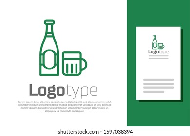 Green line Beer bottle and glass icon isolated on white background. Alcohol Drink symbol. Logo design template element. Vector Illustration