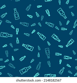 Icono de botella de cerveza de línea verde aislado patrón transparente en fondo azul.  Vector
