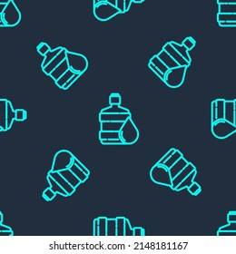 Green line Big bottle with clean water icon isolated seamless pattern on blue background. Plastic container for the cooler.  Vector Illustration