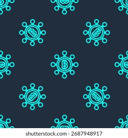 Linha verde tecnologia Blockchain Bitcoin ícone isolado padrão sem costura no fundo azul. Abstrato negócio de tecnologia de rede de cadeia de blocos geométricos.  Vetor
