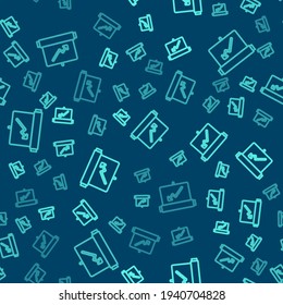 Placa de línea verde con el icono de gráfico gráfico gráfico aislado patrón transparente en fondo azul. Icono de archivo de texto de informe. Signo de contabilidad. Auditoría, análisis, planificación.  Vector