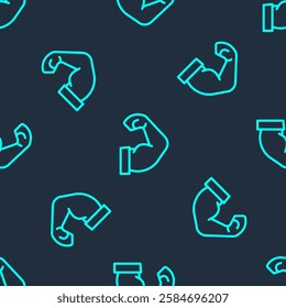 Green line Bodybuilder showing his muscles icon isolated seamless pattern on blue background. Fit fitness strength health hobby concept.  Vector