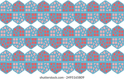 Green line border, pink strip row abstract pentagon, hexagon capsule repeat pattern, design for fabric print or wrap package paper, square