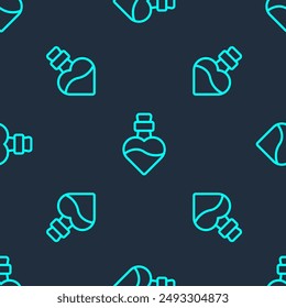 Green line Bottle with love potion icon isolated seamless pattern on blue background. Happy Valentines day.  Vector