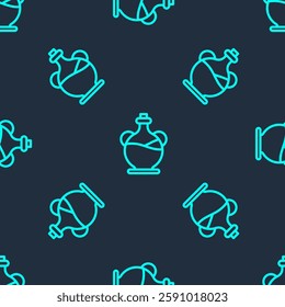 Green line Bottle of olive oil icon isolated seamless pattern on blue background. Jug with olive oil icon.  Vector