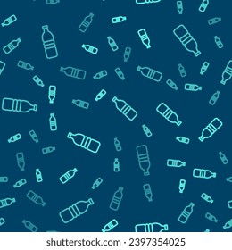 Green line Bottle of water icon isolated seamless pattern on blue background. Soda aqua drink sign.  Vector Illustration