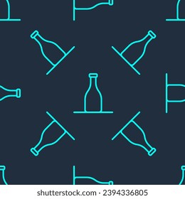 Green line Bottle of wine icon isolated seamless pattern on blue background.  Vector