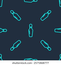 Green line Bowling pin icon isolated seamless pattern on blue background.  Vector Illustration