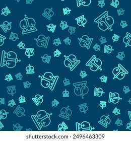 Green line British crown icon isolated seamless pattern on blue background.  Vector