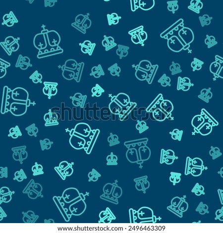 Green line British crown icon isolated seamless pattern on blue background.  Vector