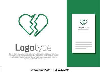 Green line Broken heart or divorce icon isolated on white background. Love symbol. Valentines day. Logo design template element. Vector Illustration