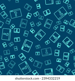 Green line Browser with question mark icon isolated seamless pattern on blue background. Internet communication protocol.  Vector Illustration