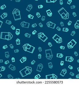 Cubo de línea verde con icono de espuma y burbujas aislado patrón sin fisuras sobre fondo azul. El concepto de servicio de limpieza.  Vector