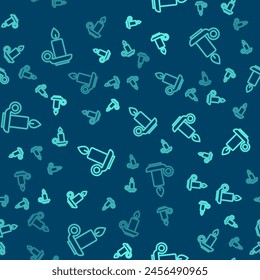 Green line Burning candle in candlestick icon isolated seamless pattern on blue background. Cylindrical candle stick with burning flame.  Vector
