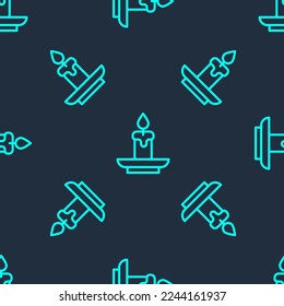 Green line Burning candle icon isolated seamless pattern on blue background. Cylindrical aromatic candle stick with burning flame. Happy Halloween party.  Vector