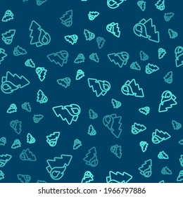 Green line Burning forest trees in fire flames icon isolated seamless pattern on blue background. Natural disaster concept.  Vector