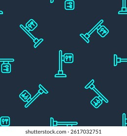 Green line Cafe and restaurant location icon isolated seamless pattern on blue background. Fork and spoon eatery sign inside pinpoint.  Vector.