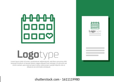 Green line Calendar with heart icon isolated on white background. Valentines day. Love symbol. February 14. Logo design template element. Vector Illustration